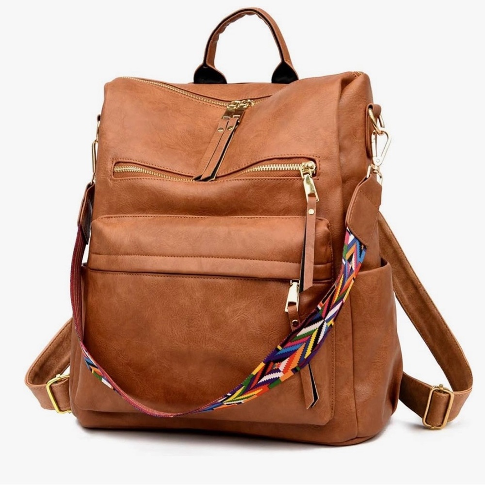 Elegant Tan Backpack with Multicolor Strap - Picture 2 of 4